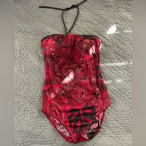 Tara Grinna one piece strapless bandeau tie front red brown swim bathing suit 14